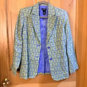 Metrostyle Blazer 8 Lime Green Blue Geometric Linen Greek Key 3-Button Jacket